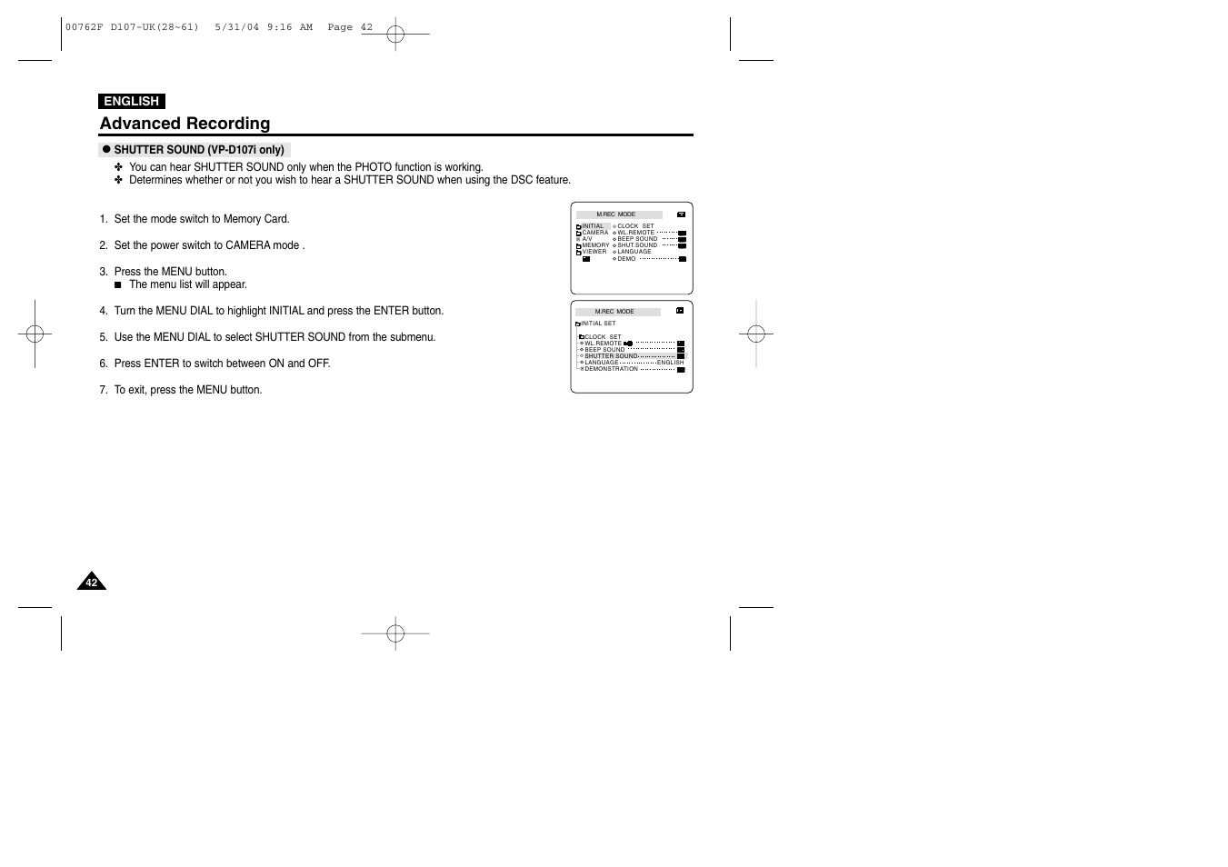 Shutter sound (vp-d107i only), Advanced recording | Samsung VP-D107 User Manual | Page 42 / 114