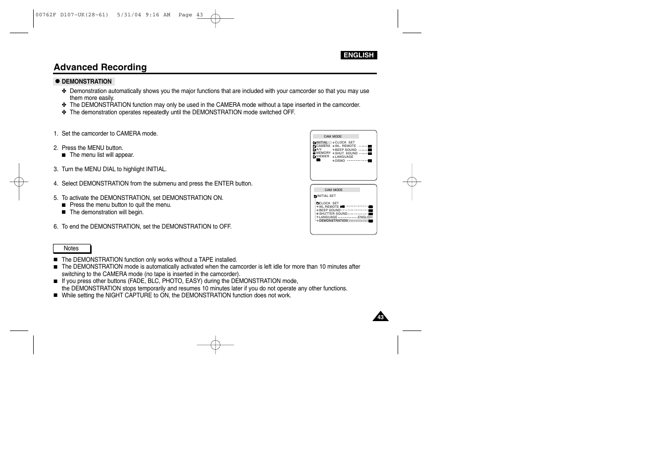Demonstration, Advanced recording | Samsung VP-D107 User Manual | Page 43 / 114