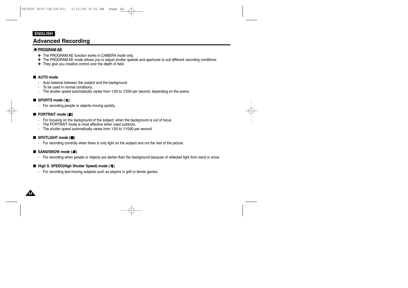 Program ae, Advanced recording | Samsung VP-D107 User Manual | Page 44 / 114