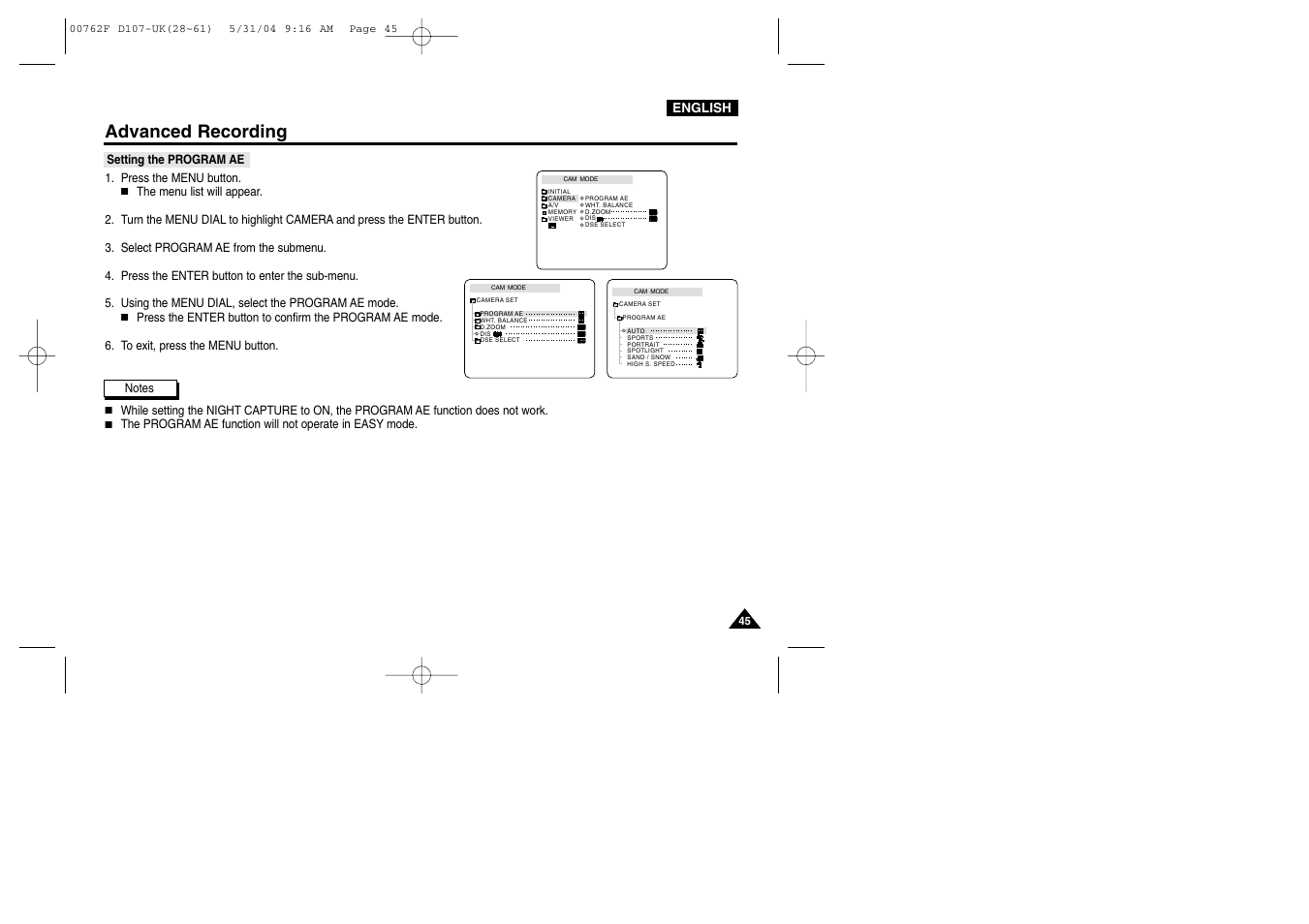 Setting the program ae, Advanced recording | Samsung VP-D107 User Manual | Page 45 / 114