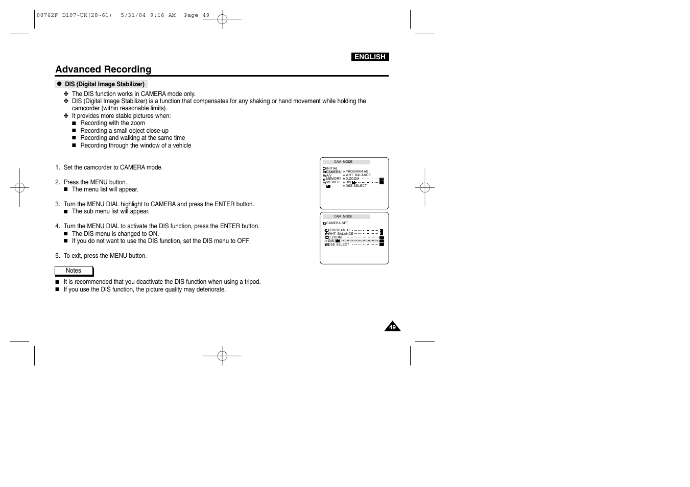 Dis (digital image stabilizer), Advanced recording | Samsung VP-D107 User Manual | Page 49 / 114