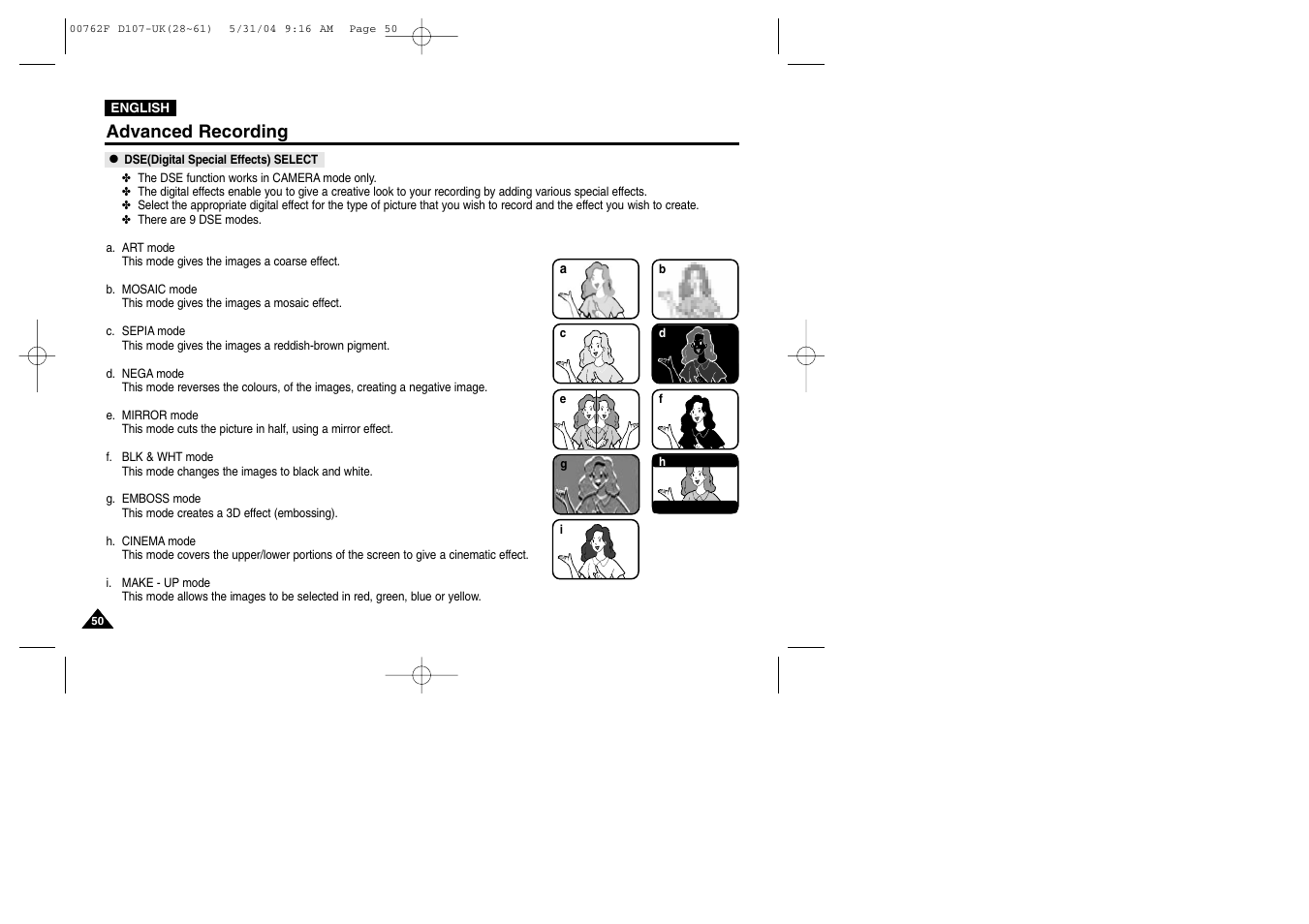 Dse(digital special effects) select, Advanced recording | Samsung VP-D107 User Manual | Page 50 / 114