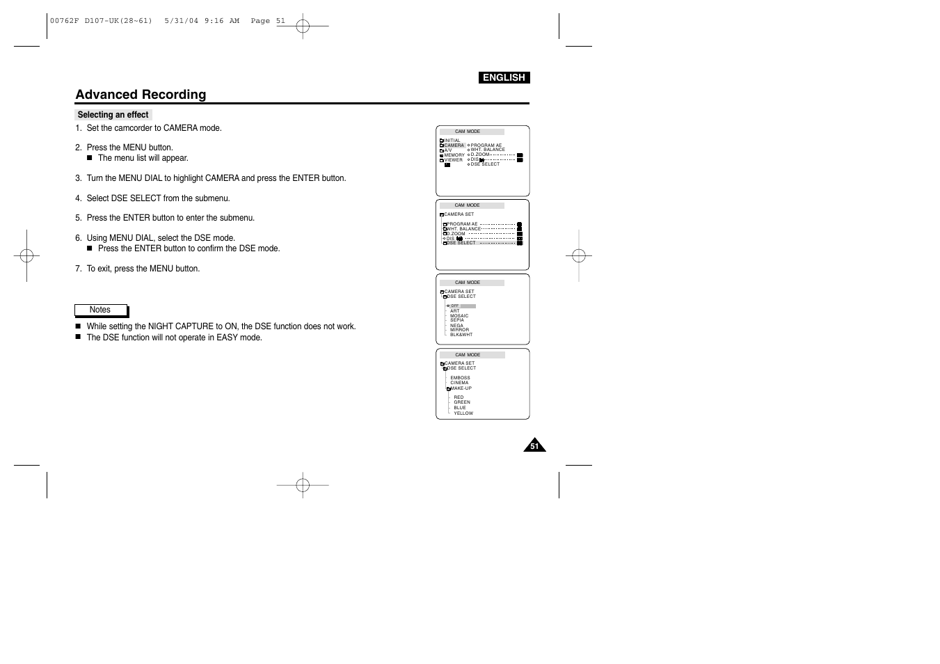 Selecting an effect, Advanced recording | Samsung VP-D107 User Manual | Page 51 / 114