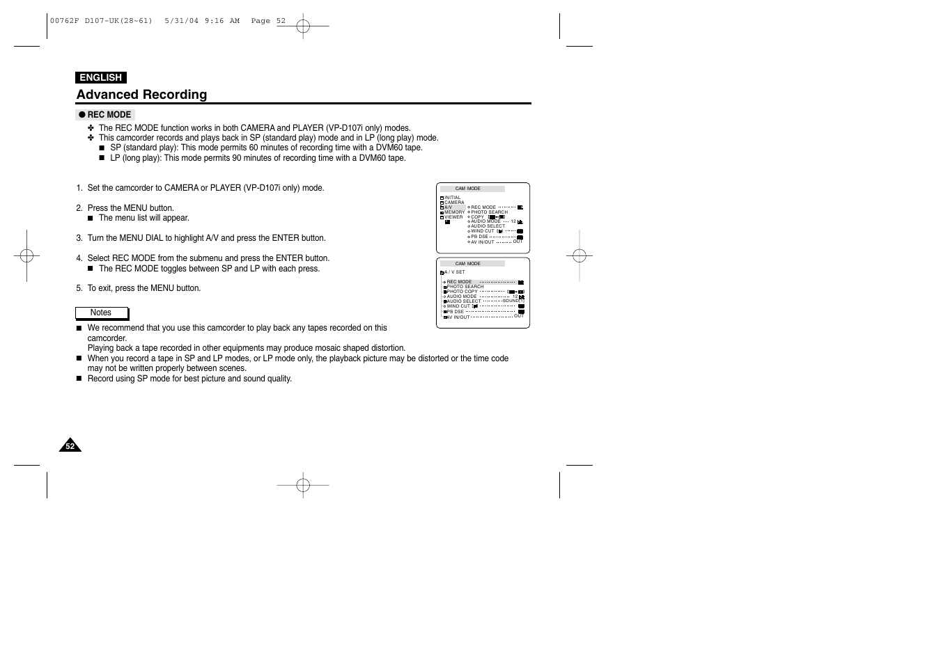 Rec mode, Advanced recording | Samsung VP-D107 User Manual | Page 52 / 114