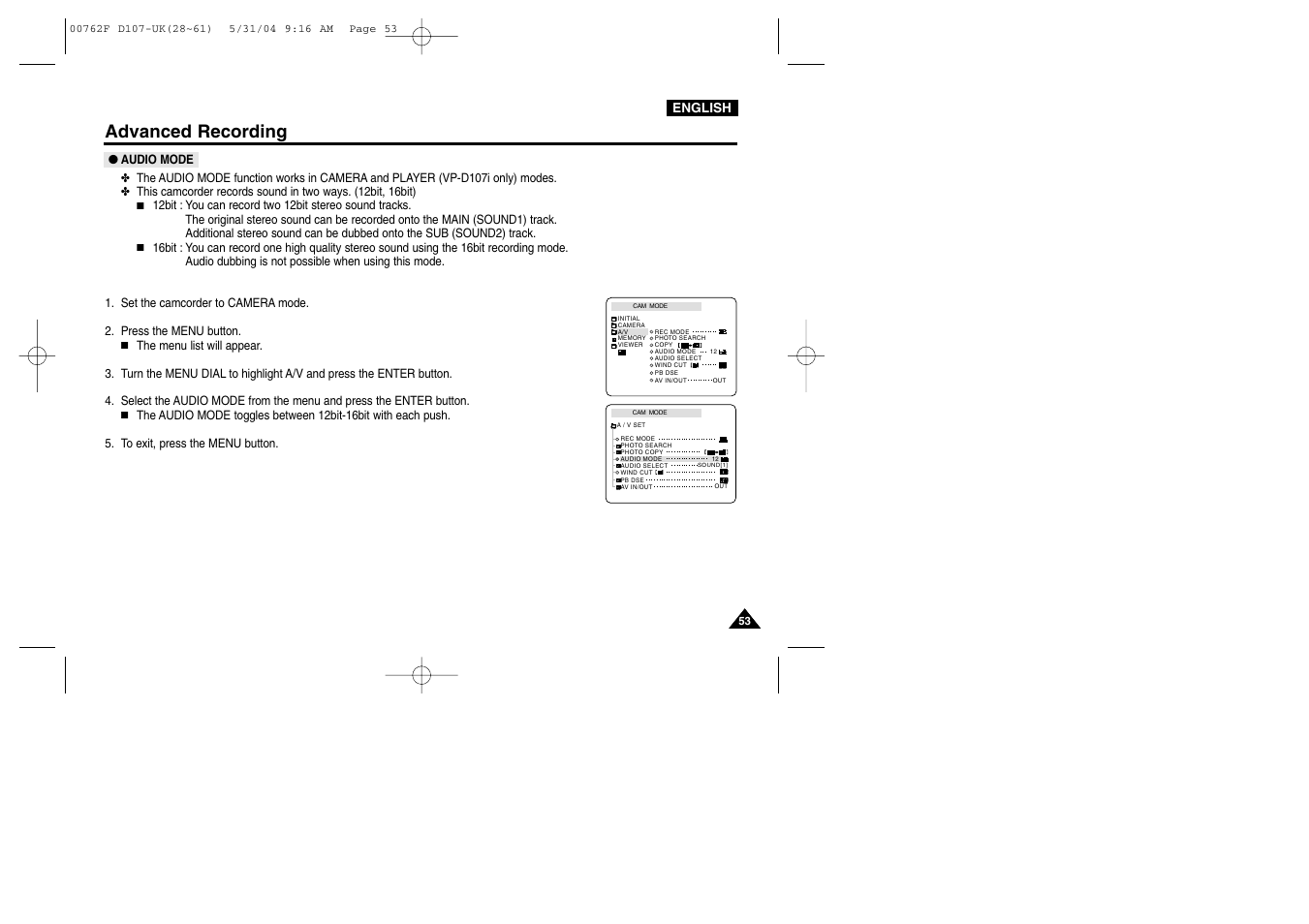 Audio mode, Advanced recording | Samsung VP-D107 User Manual | Page 53 / 114