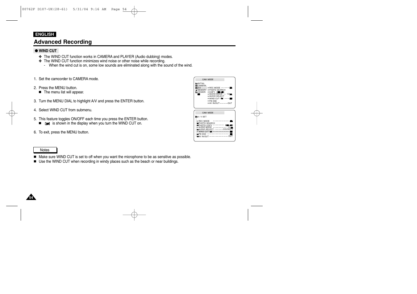 Wind cut, Advanced recording | Samsung VP-D107 User Manual | Page 54 / 114