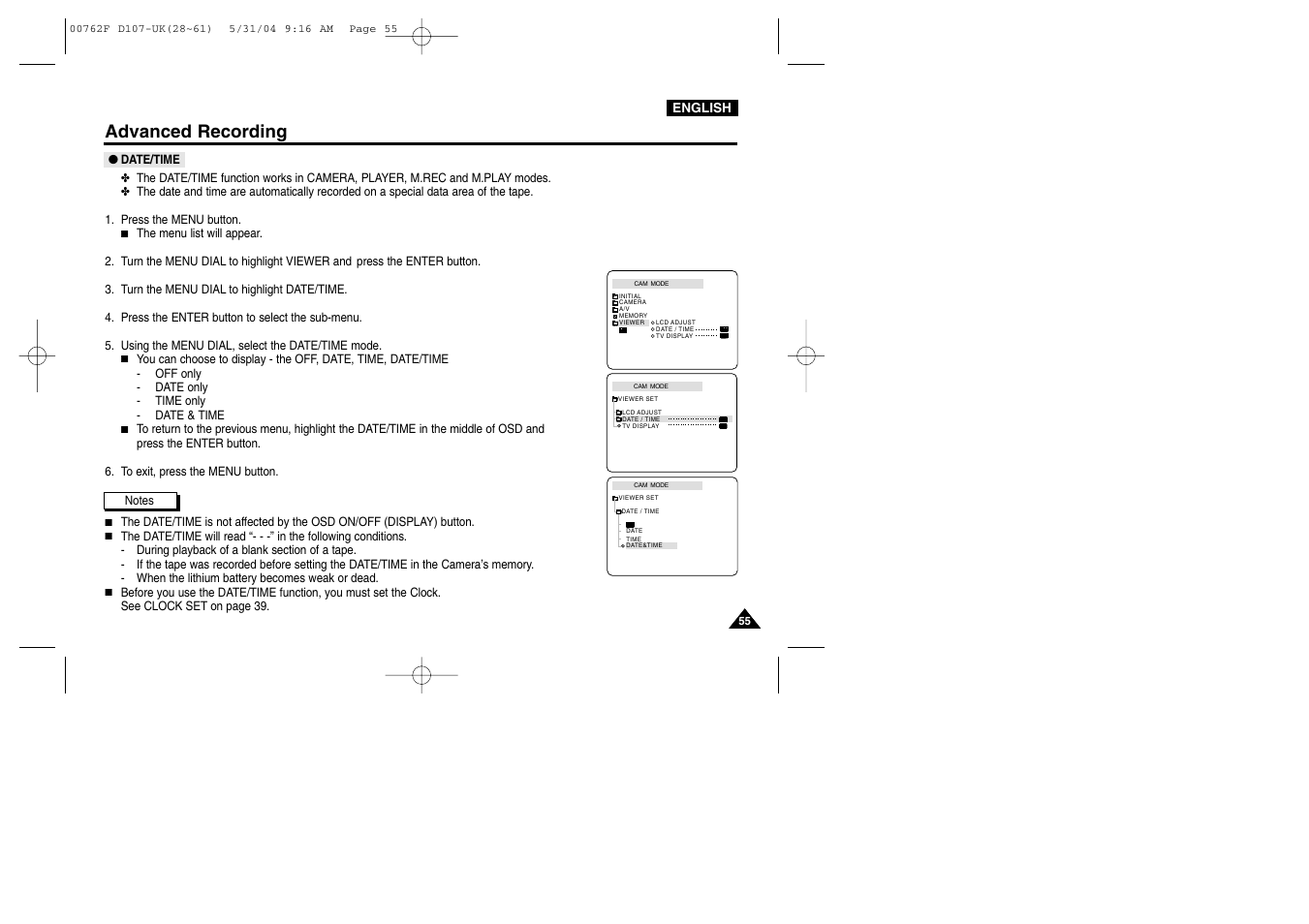 Date/time, Advanced recording | Samsung VP-D107 User Manual | Page 55 / 114