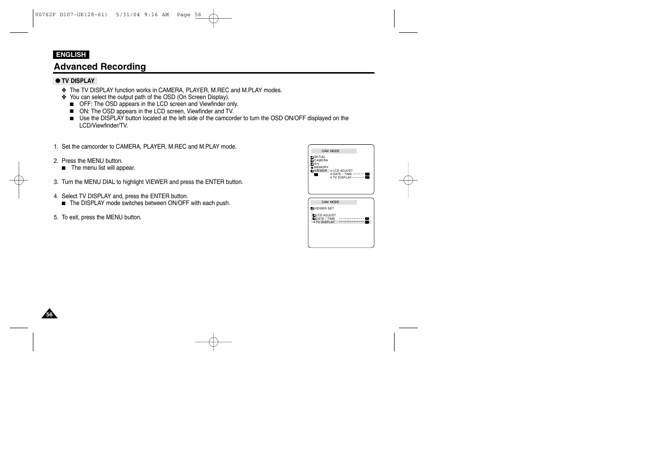 Tv display, Advanced recording | Samsung VP-D107 User Manual | Page 56 / 114