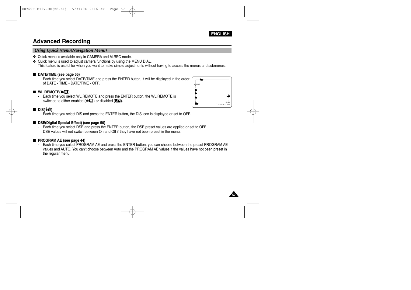 Using quick menu(navigation menu), Advanced recording | Samsung VP-D107 User Manual | Page 57 / 114