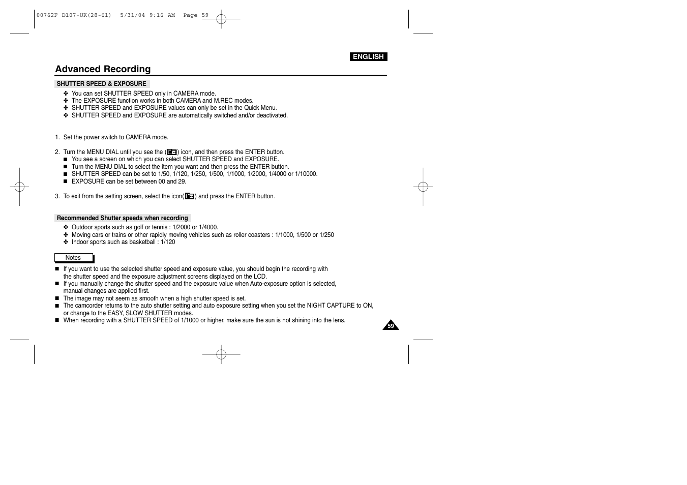 Shutter speed & exposure, Advanced recording | Samsung VP-D107 User Manual | Page 59 / 114