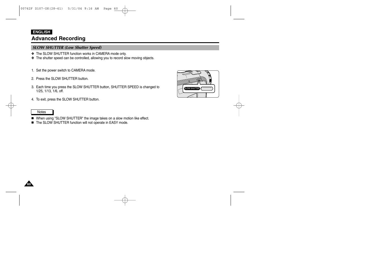 Slow shutter (low shutter speed), Advanced recording | Samsung VP-D107 User Manual | Page 60 / 114