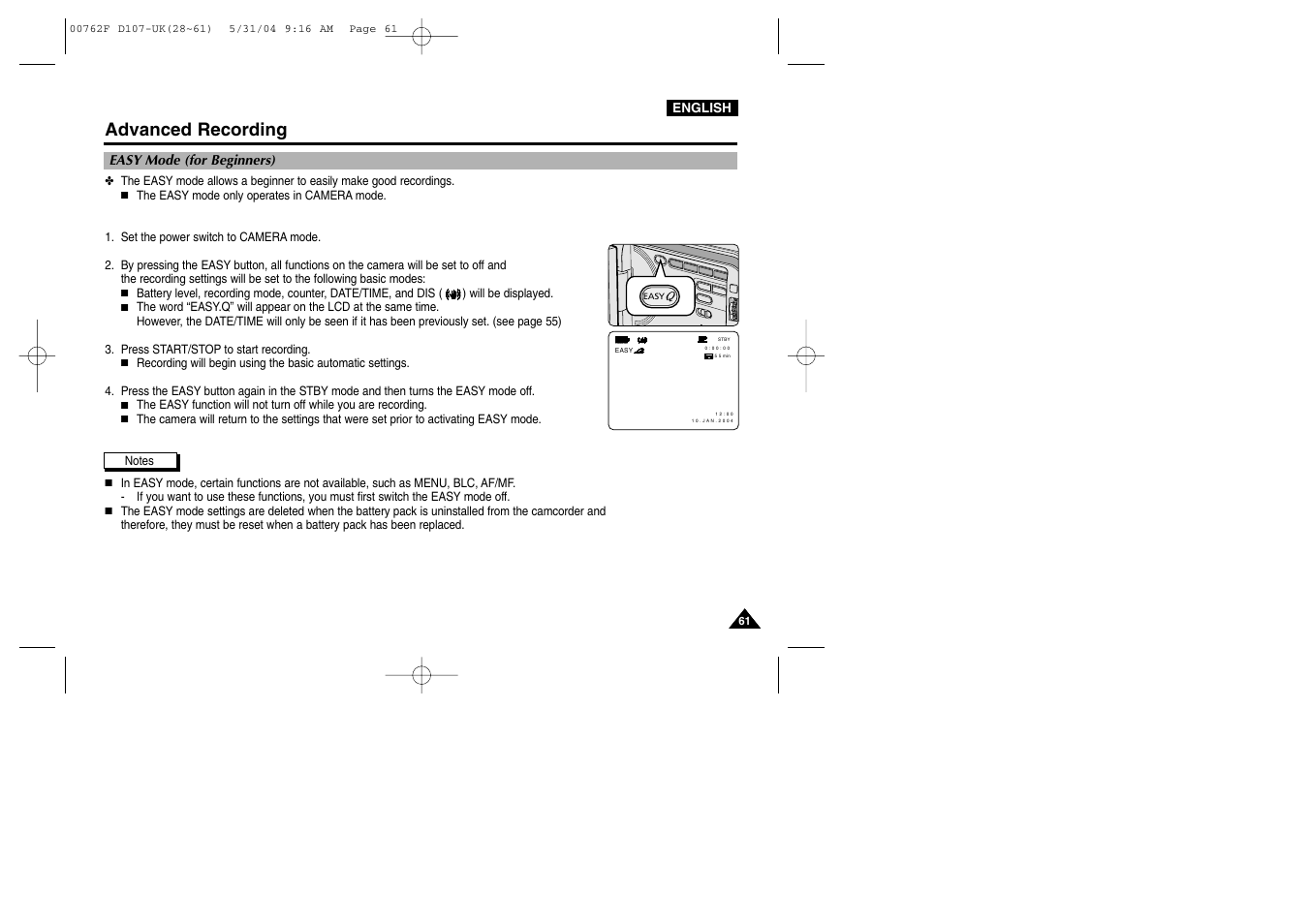 Easy mode (for beginners), Advanced recording | Samsung VP-D107 User Manual | Page 61 / 114