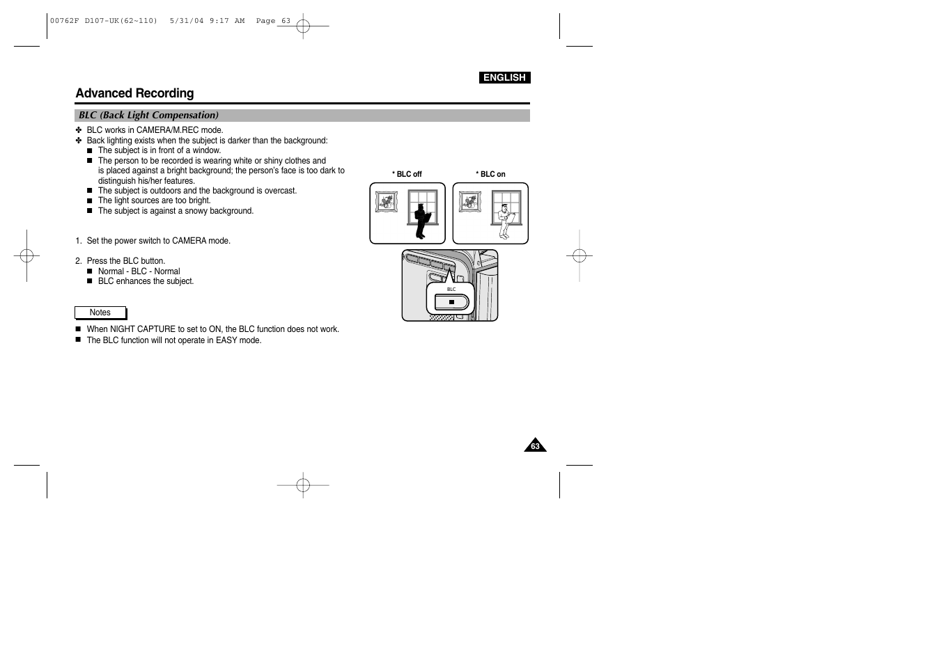 Blc (back light compensation), Advanced recording | Samsung VP-D107 User Manual | Page 63 / 114