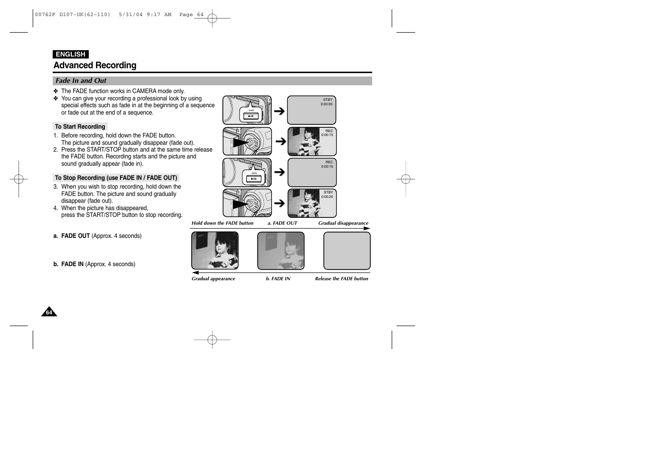 Fade in and out, To start recording, To stop recording (use fade in / fade out) | Advanced recording | Samsung VP-D107 User Manual | Page 64 / 114