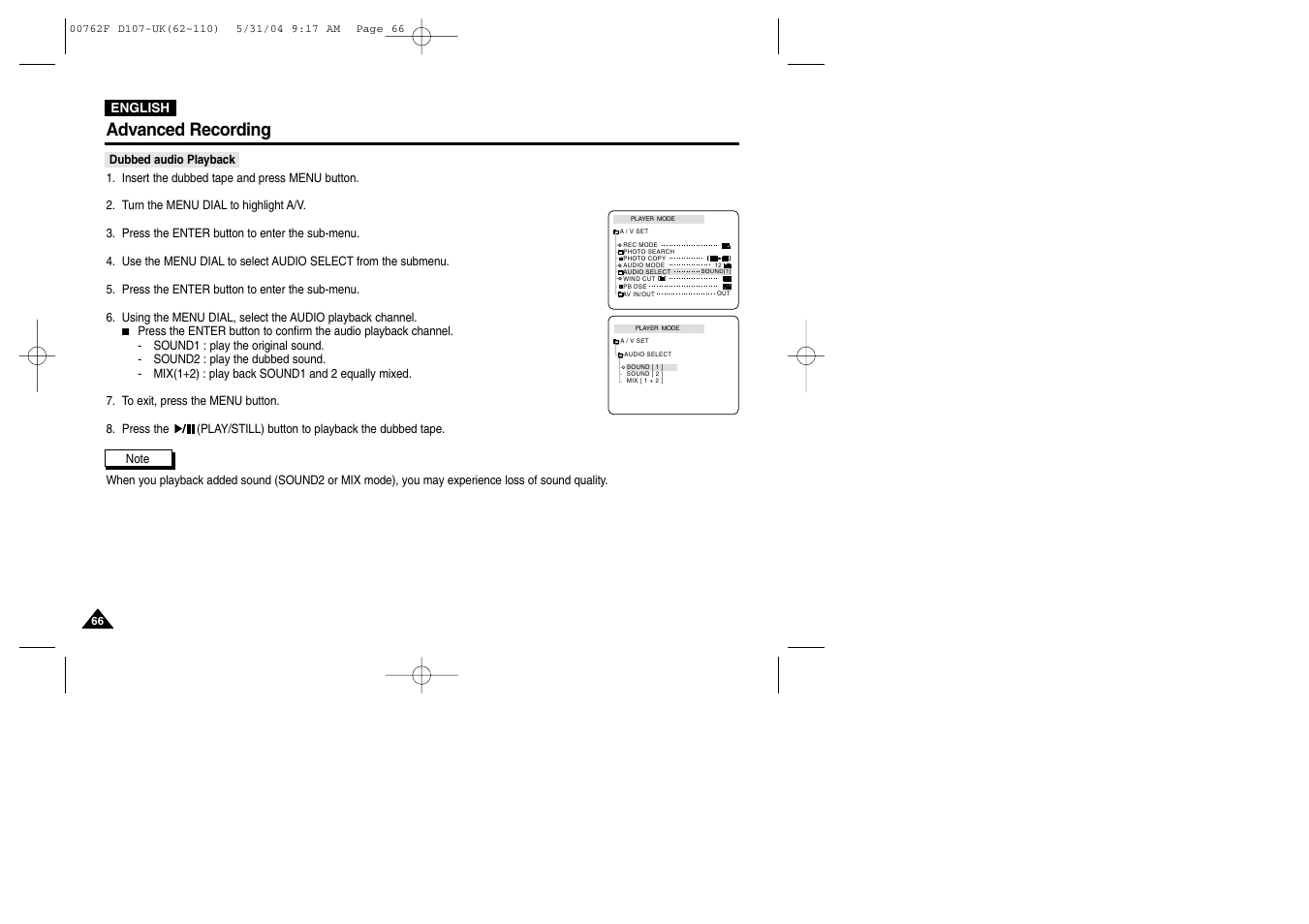 Dubbed audio playback, Advanced recording | Samsung VP-D107 User Manual | Page 66 / 114