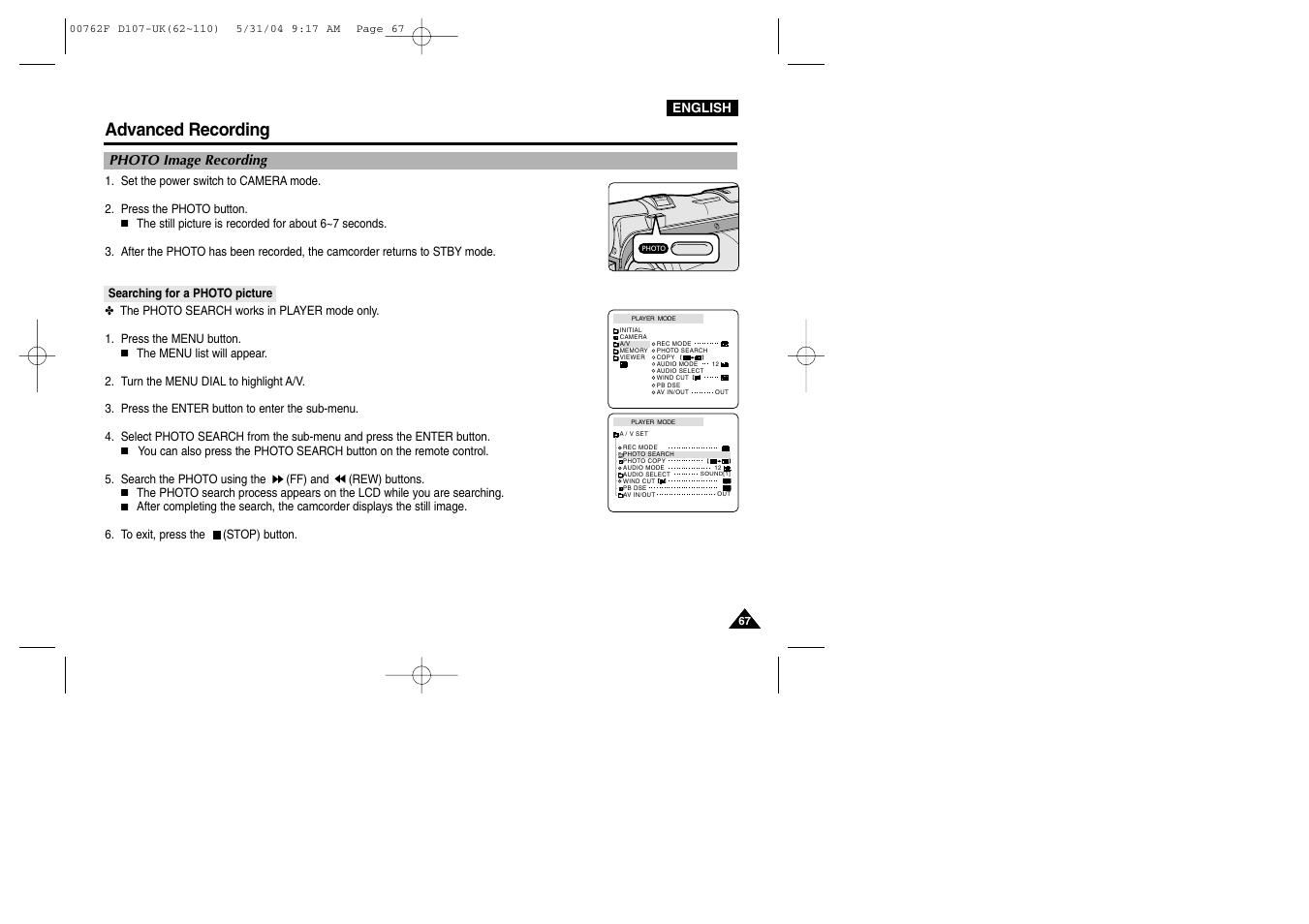 Photo image recording, Searching for a photo picture, Advanced recording | Samsung VP-D107 User Manual | Page 67 / 114