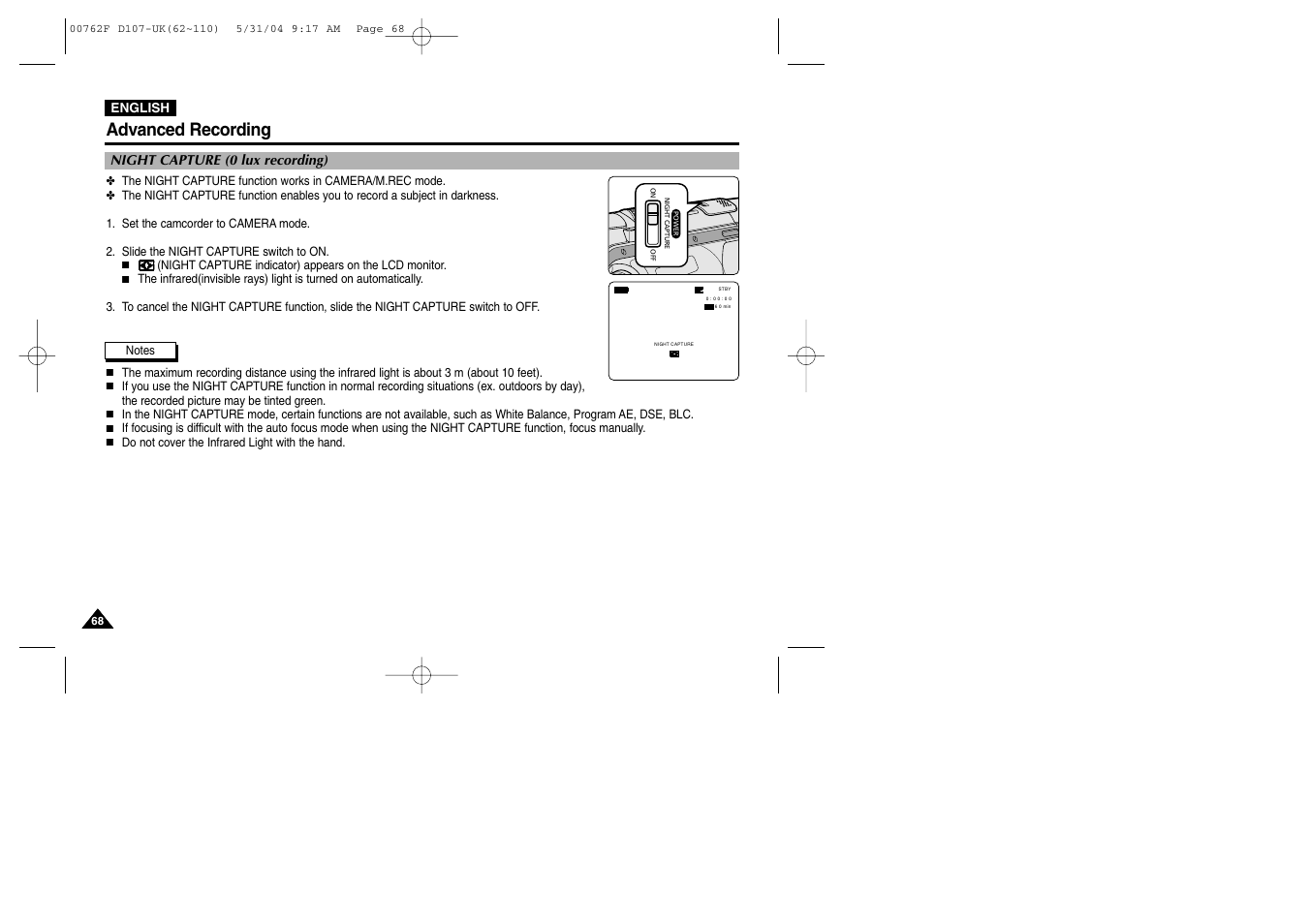 Night capture (0 lux recording), Advanced recording | Samsung VP-D107 User Manual | Page 68 / 114