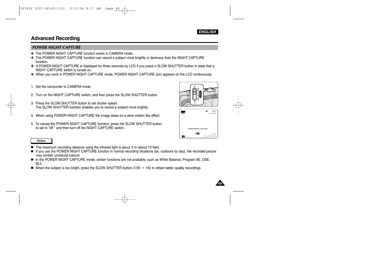 Power night capture, Advanced recording | Samsung VP-D107 User Manual | Page 69 / 114