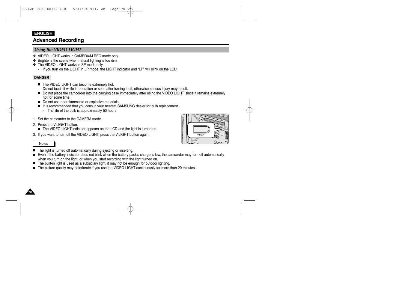Using the video light, Advanced recording | Samsung VP-D107 User Manual | Page 70 / 114