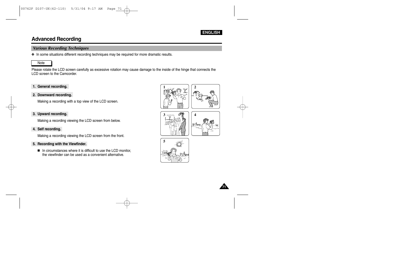 Various recording techniques, Advanced recording | Samsung VP-D107 User Manual | Page 71 / 114