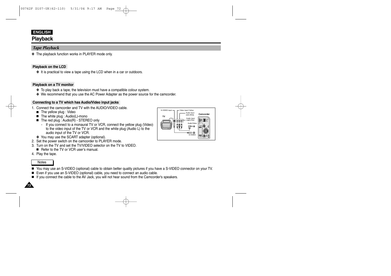 Playback, Tape playback, Playback on the lcd | Playback on a tv monitor | Samsung VP-D107 User Manual | Page 72 / 114