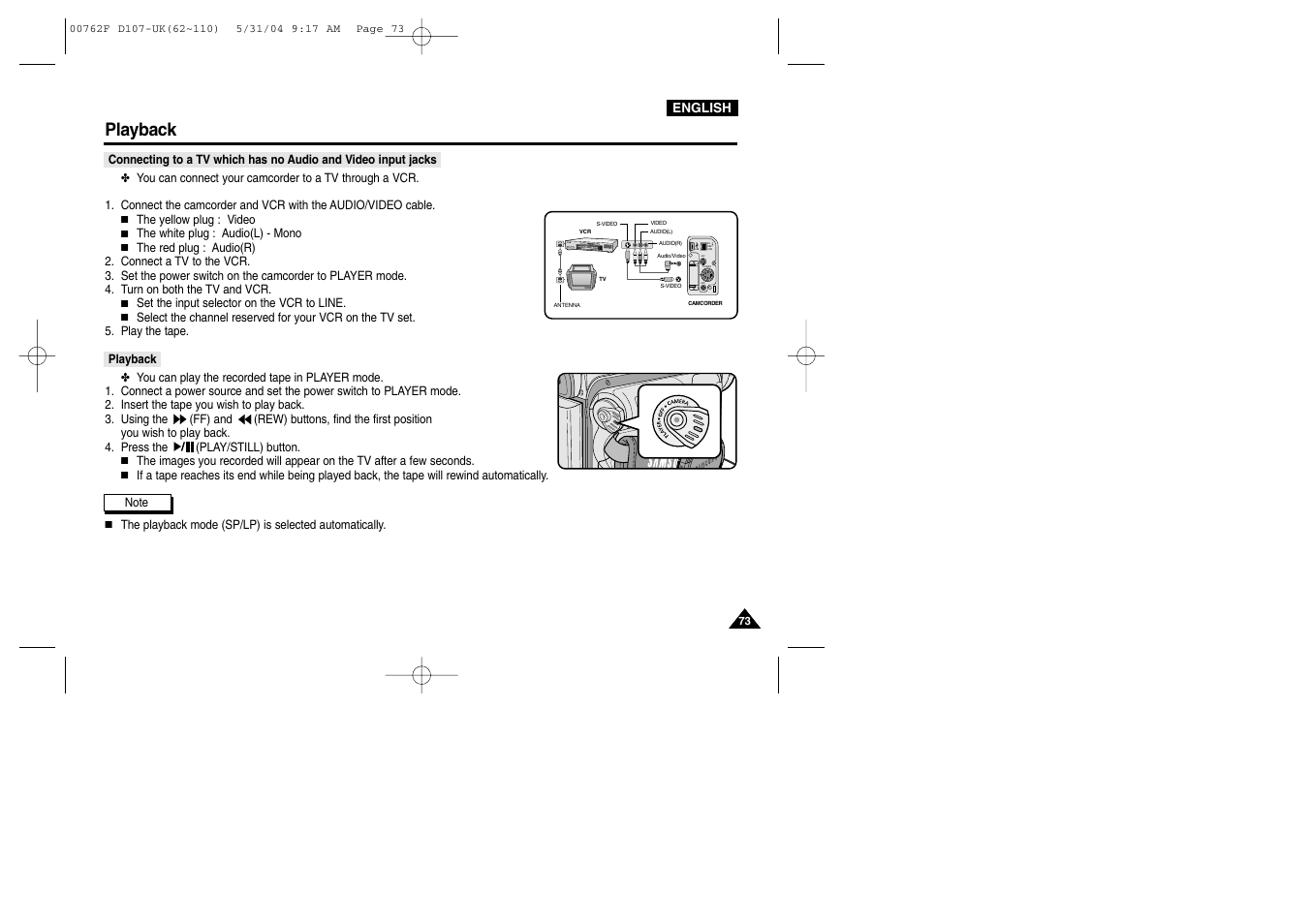 Playback, Dv ieee 1394 usb a/v s-video mic | Samsung VP-D107 User Manual | Page 73 / 114