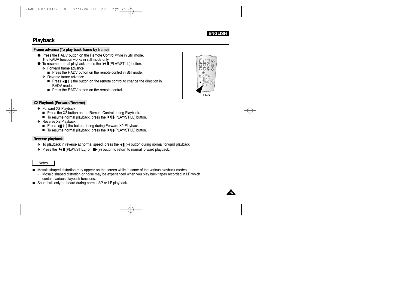 Frame advance (to play back frame by frame), X2 playback (forward/reverse), Reverse playback | Playback | Samsung VP-D107 User Manual | Page 75 / 114