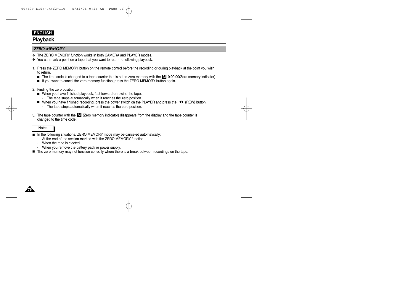 Zero memory, Playback | Samsung VP-D107 User Manual | Page 76 / 114
