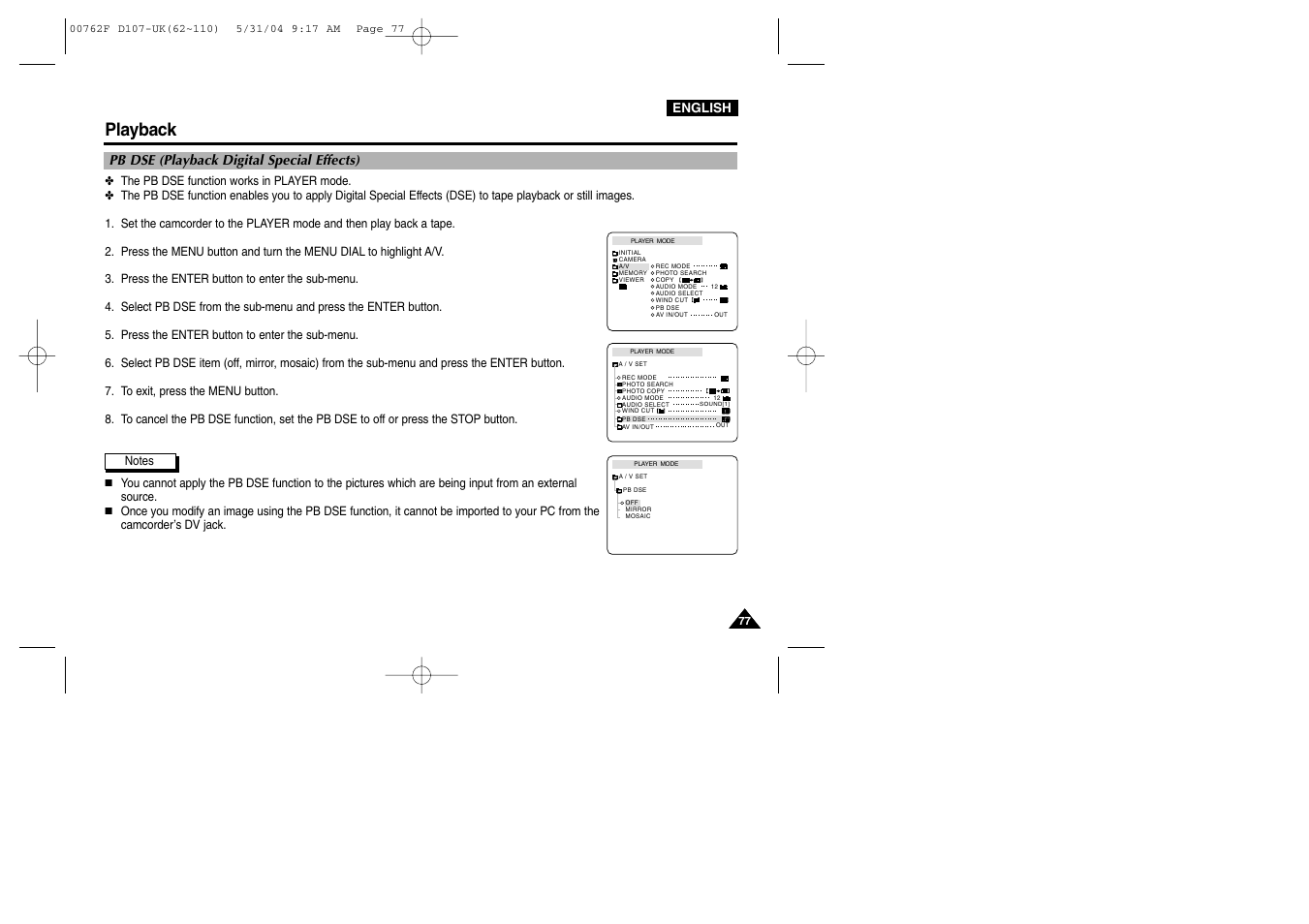 Pb dse (playback digital special effects), Playback | Samsung VP-D107 User Manual | Page 77 / 114