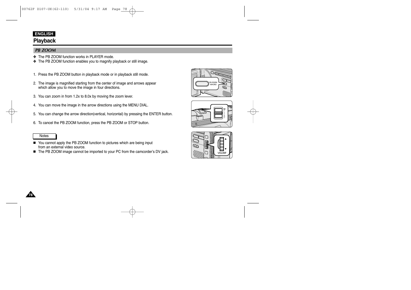 Pb zoom, Playback | Samsung VP-D107 User Manual | Page 78 / 114
