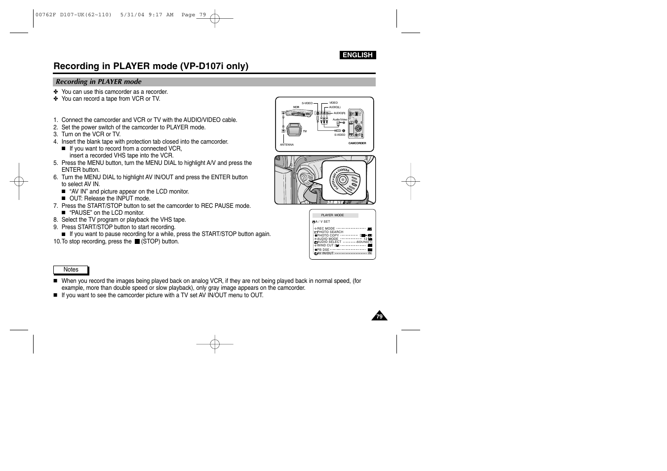 Recording in player mode (vp-d107i only), Dv ieee 1394 usb a/v s-video mic | Samsung VP-D107 User Manual | Page 79 / 114