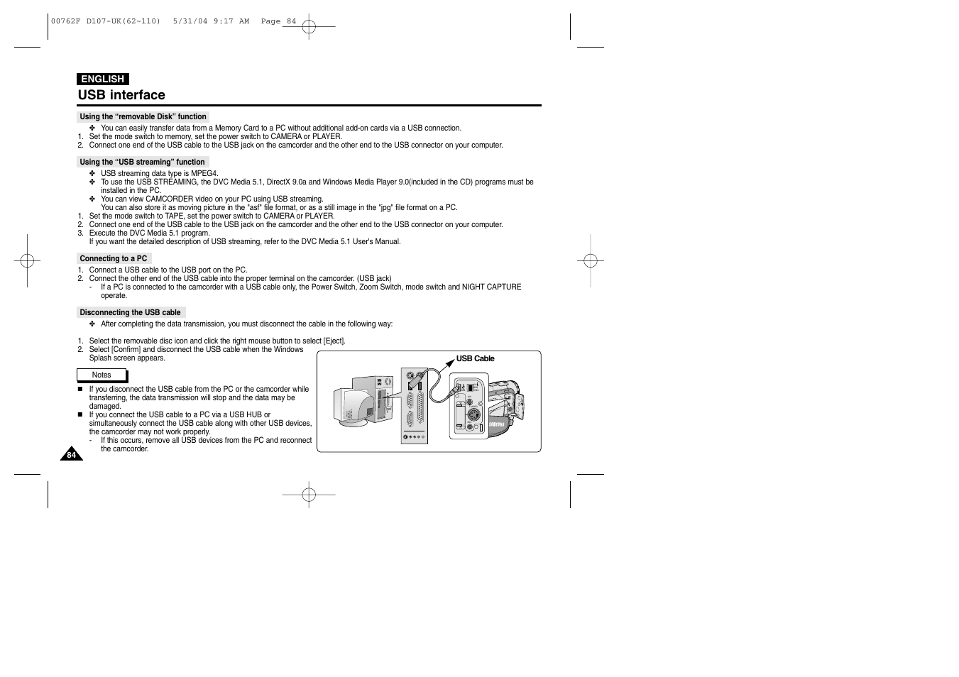 Using the “removable disk” function, Using the “usb streaming” function, Connecting to a pc | Usb interface | Samsung VP-D107 User Manual | Page 84 / 114