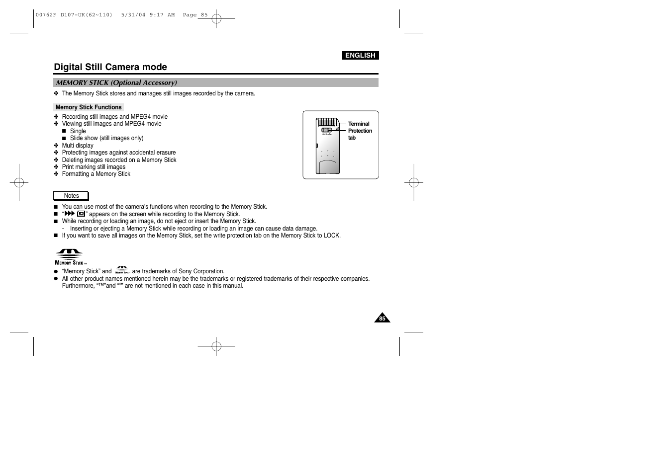 Digital still camera mode, Memory stick (optional accessory), Memory stick functions | Samsung VP-D107 User Manual | Page 85 / 114