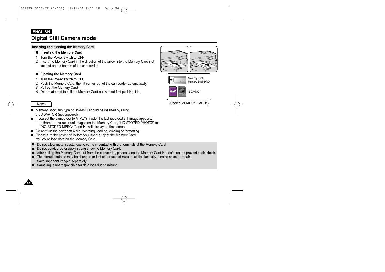 Inserting and ejecting the memory card, Digital still camera mode | Samsung VP-D107 User Manual | Page 86 / 114