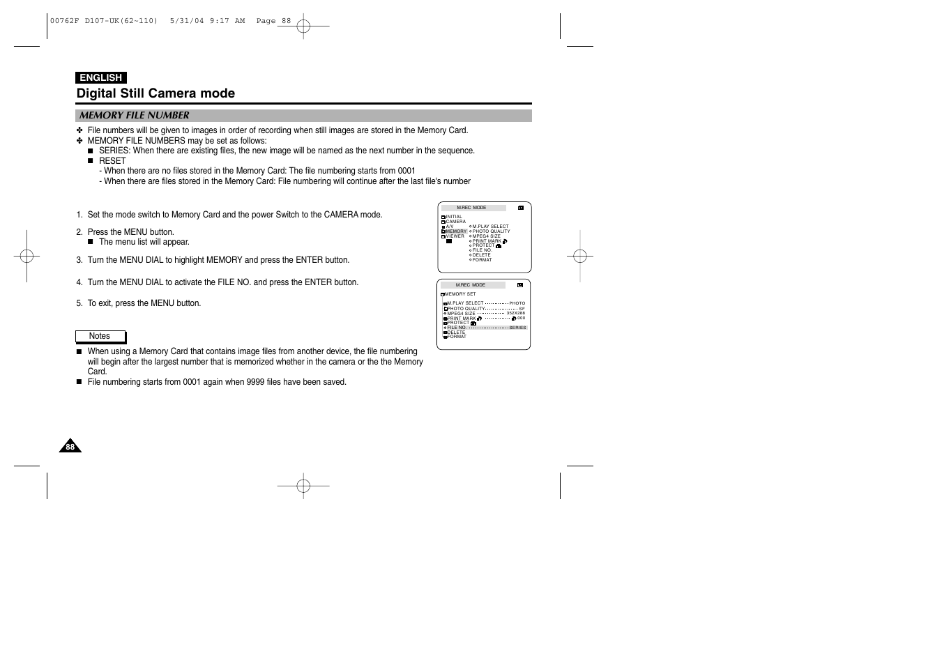 Memory file number, Digital still camera mode | Samsung VP-D107 User Manual | Page 88 / 114