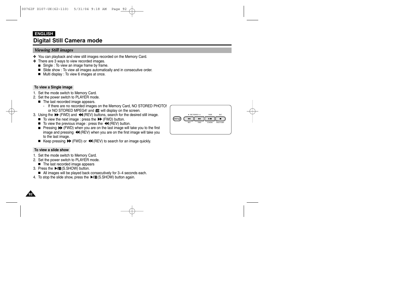 Viewing still images, To view a single image, To view a slide show | Digital still camera mode | Samsung VP-D107 User Manual | Page 92 / 114