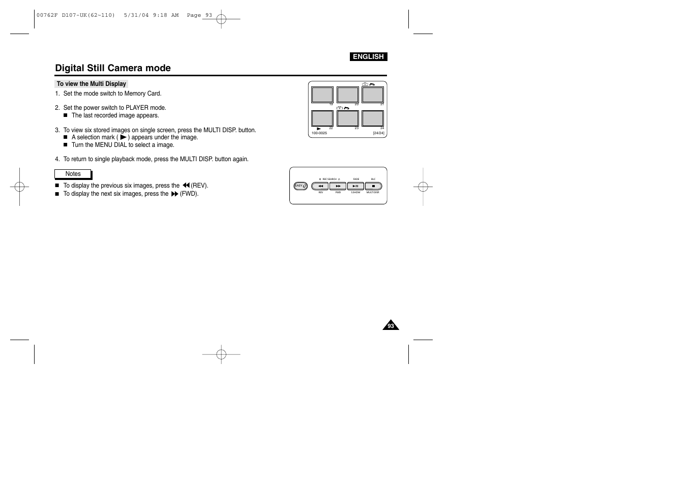 To view the multi display, Digital still camera mode | Samsung VP-D107 User Manual | Page 93 / 114