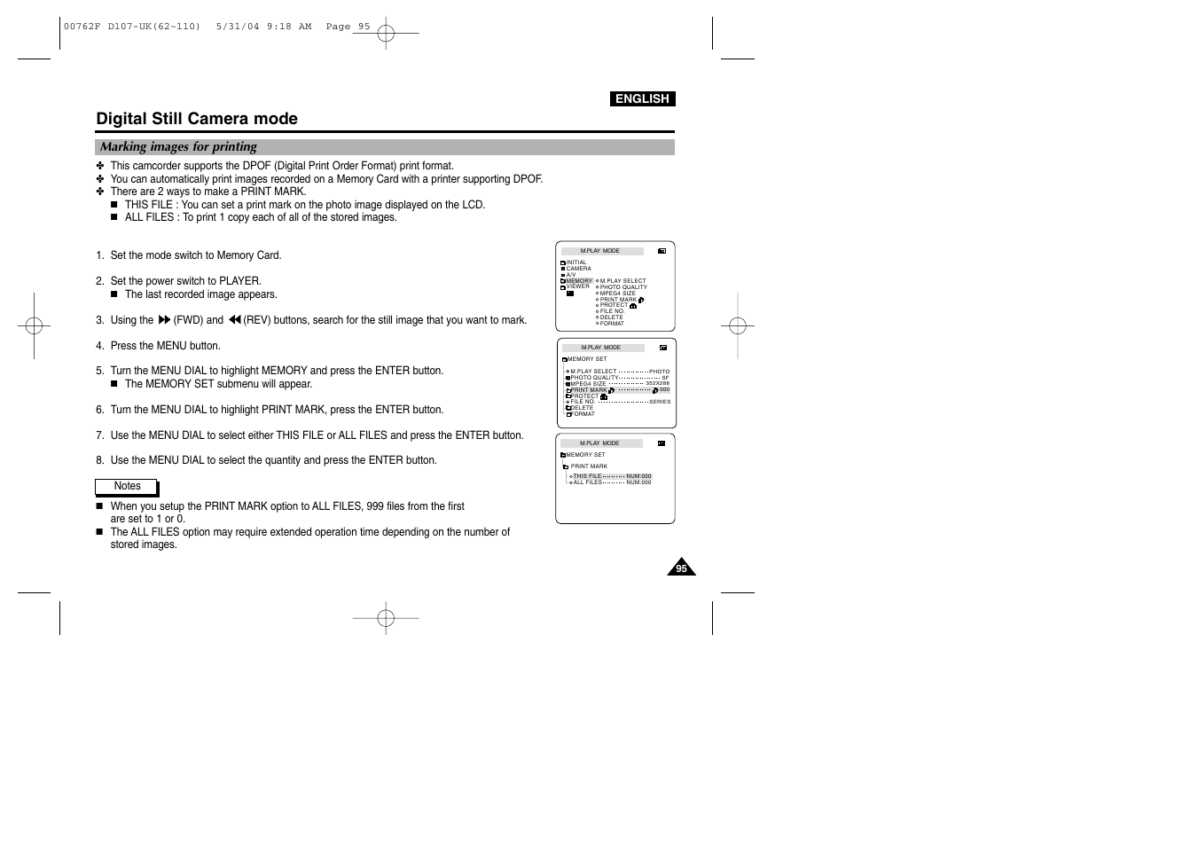 Marking images for printing, Digital still camera mode | Samsung VP-D107 User Manual | Page 95 / 114