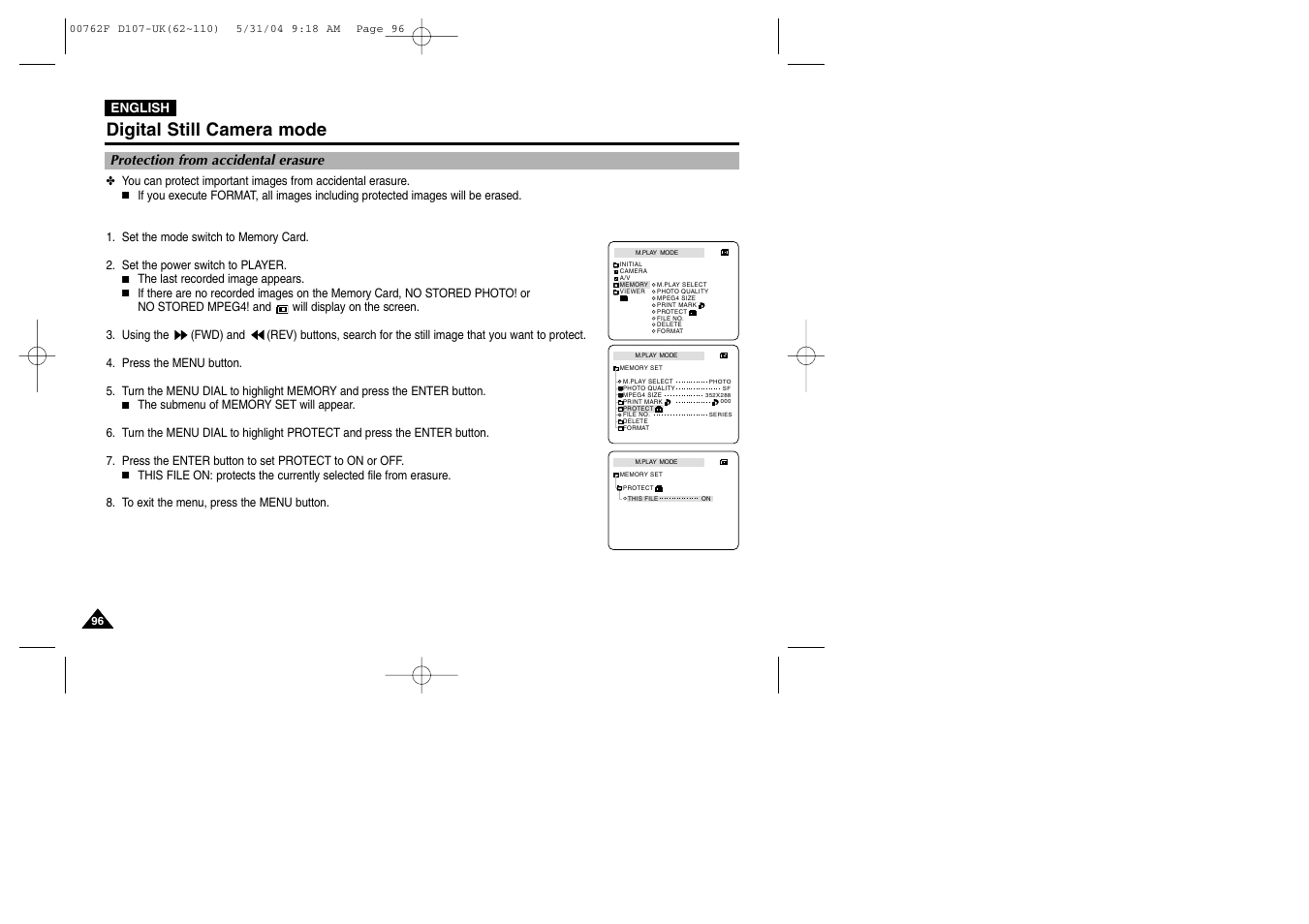 Protection from accidental erasure, Digital still camera mode | Samsung VP-D107 User Manual | Page 96 / 114