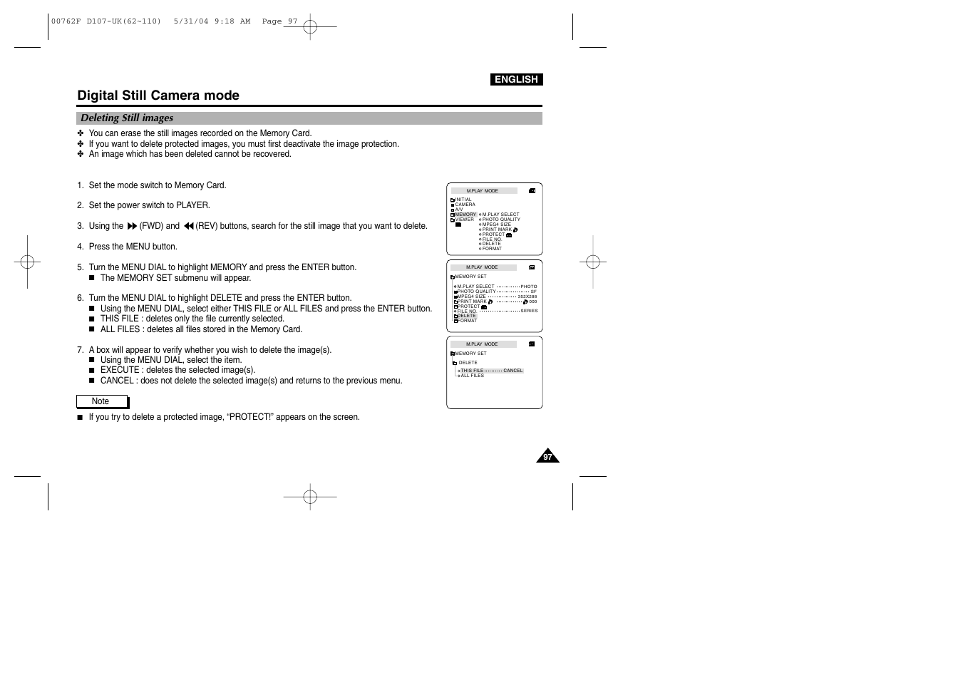 Deleting still images, Digital still camera mode | Samsung VP-D107 User Manual | Page 97 / 114