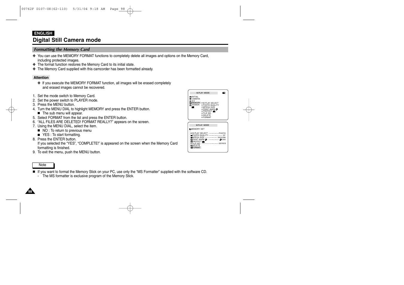 Formatting the memory card, Attention, Digital still camera mode | Samsung VP-D107 User Manual | Page 98 / 114