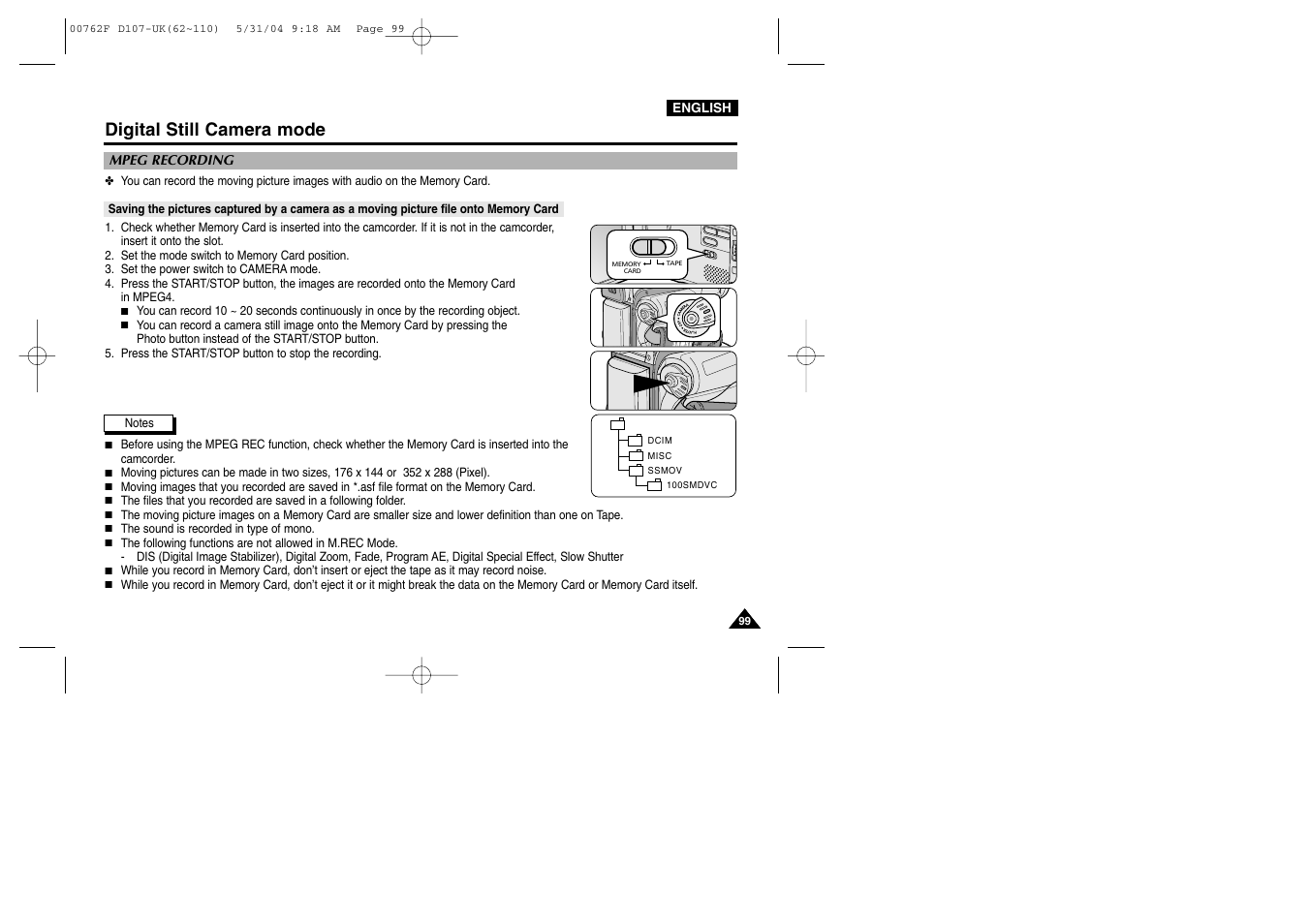 Mpeg recording, Digital still camera mode | Samsung VP-D107 User Manual | Page 99 / 114