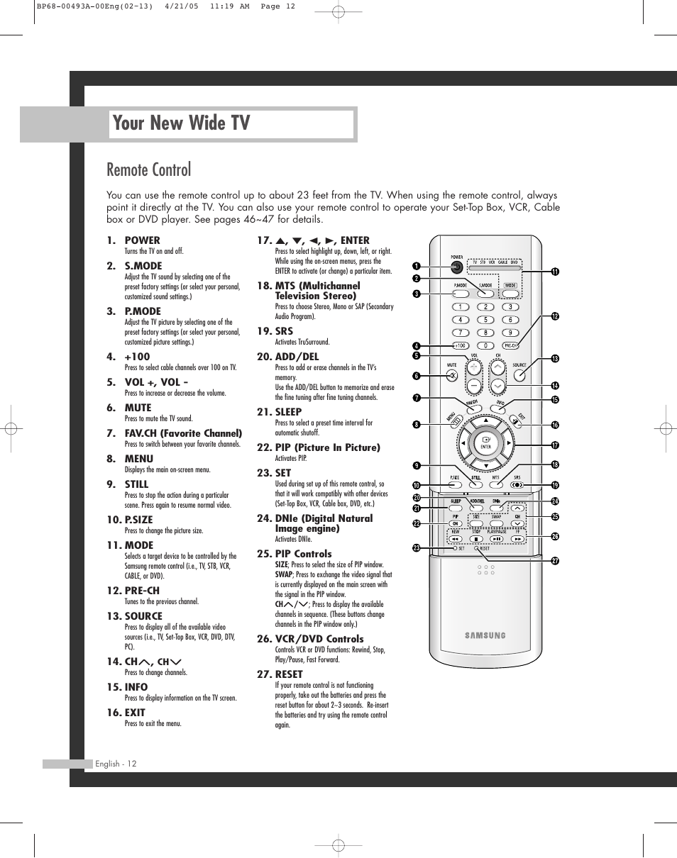 Remote control, Your new wide tv | Samsung HL-R6164W User Manual | Page 12 / 96