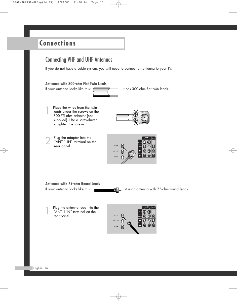Connecting vhf and uhf antennas, Connections | Samsung HL-R6164W User Manual | Page 16 / 96
