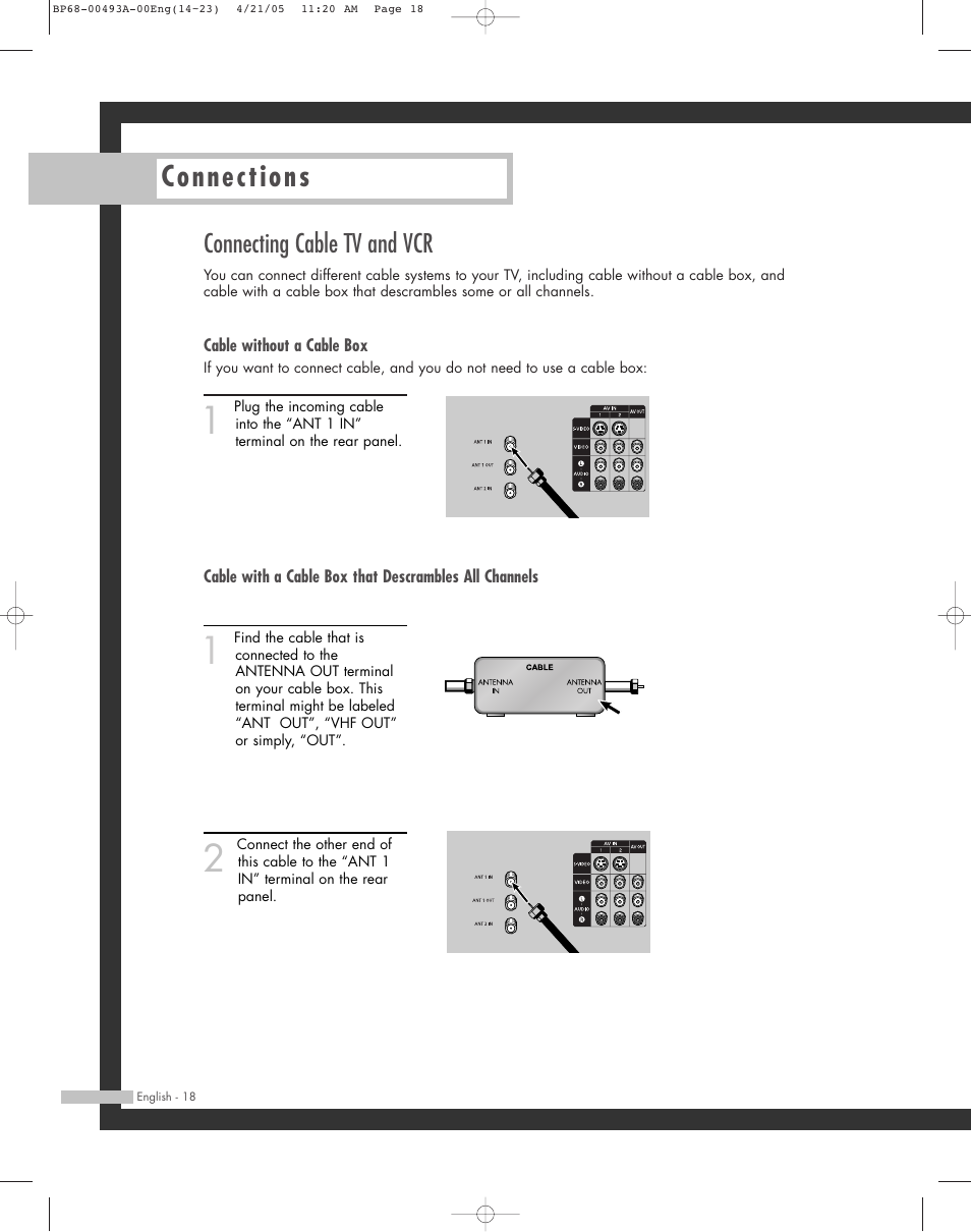 Connecting cable tv and vcr, Connections | Samsung HL-R6164W User Manual | Page 18 / 96