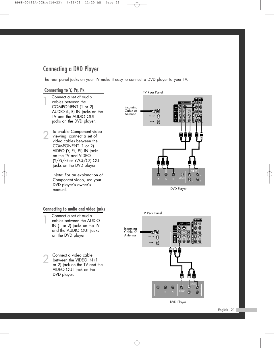 Connecting a dvd player | Samsung HL-R6164W User Manual | Page 21 / 96