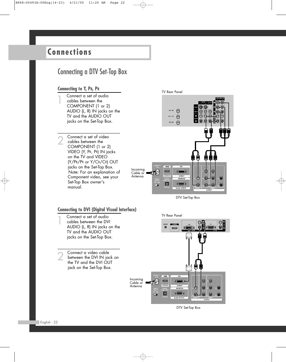 Connecting a dtv set-top box, Connections | Samsung HL-R6164W User Manual | Page 22 / 96