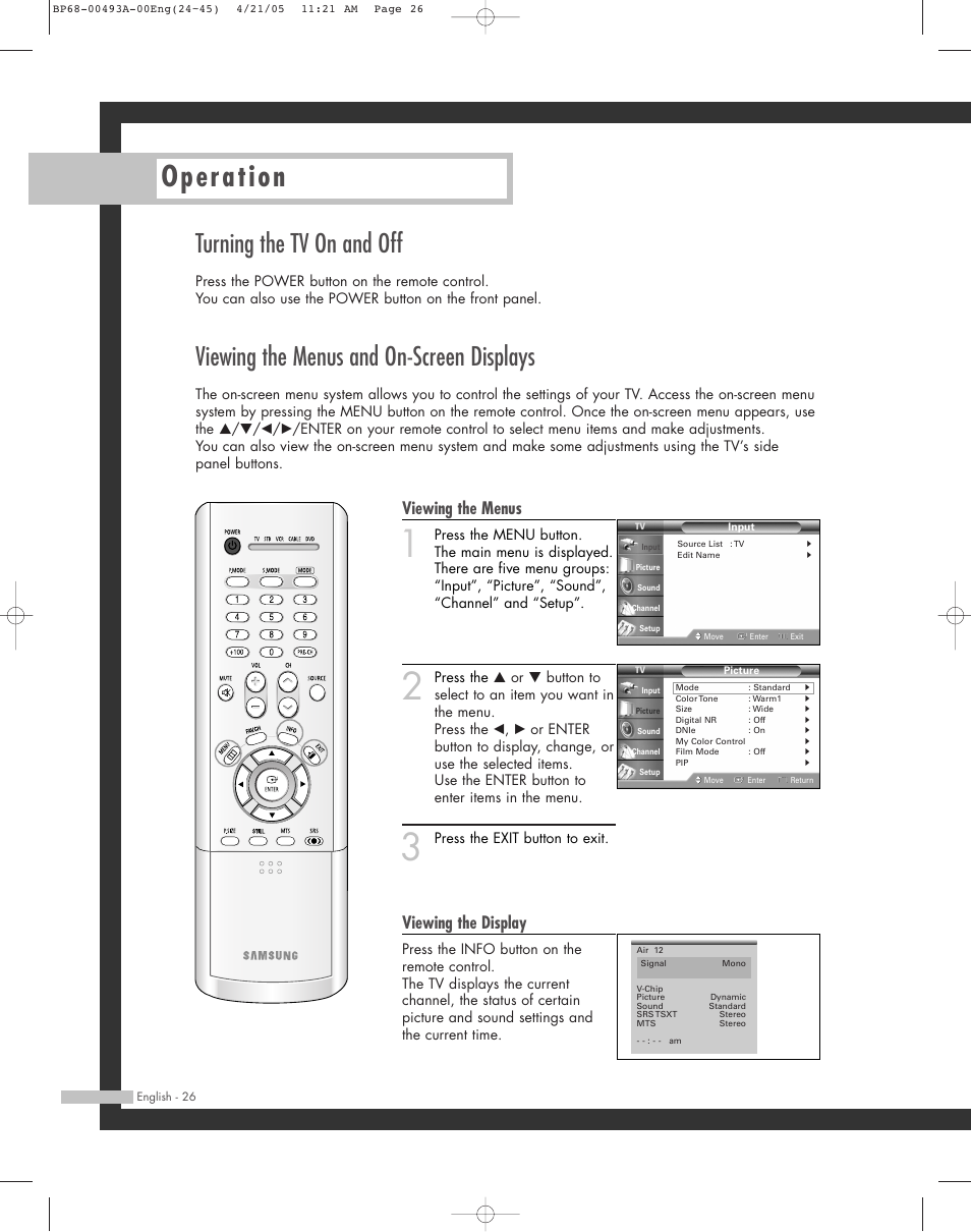 Turning the tv on and off, Viewing the menus and on-screen displays, Operation | Viewing the menus, Viewing the display | Samsung HL-R6164W User Manual | Page 26 / 96