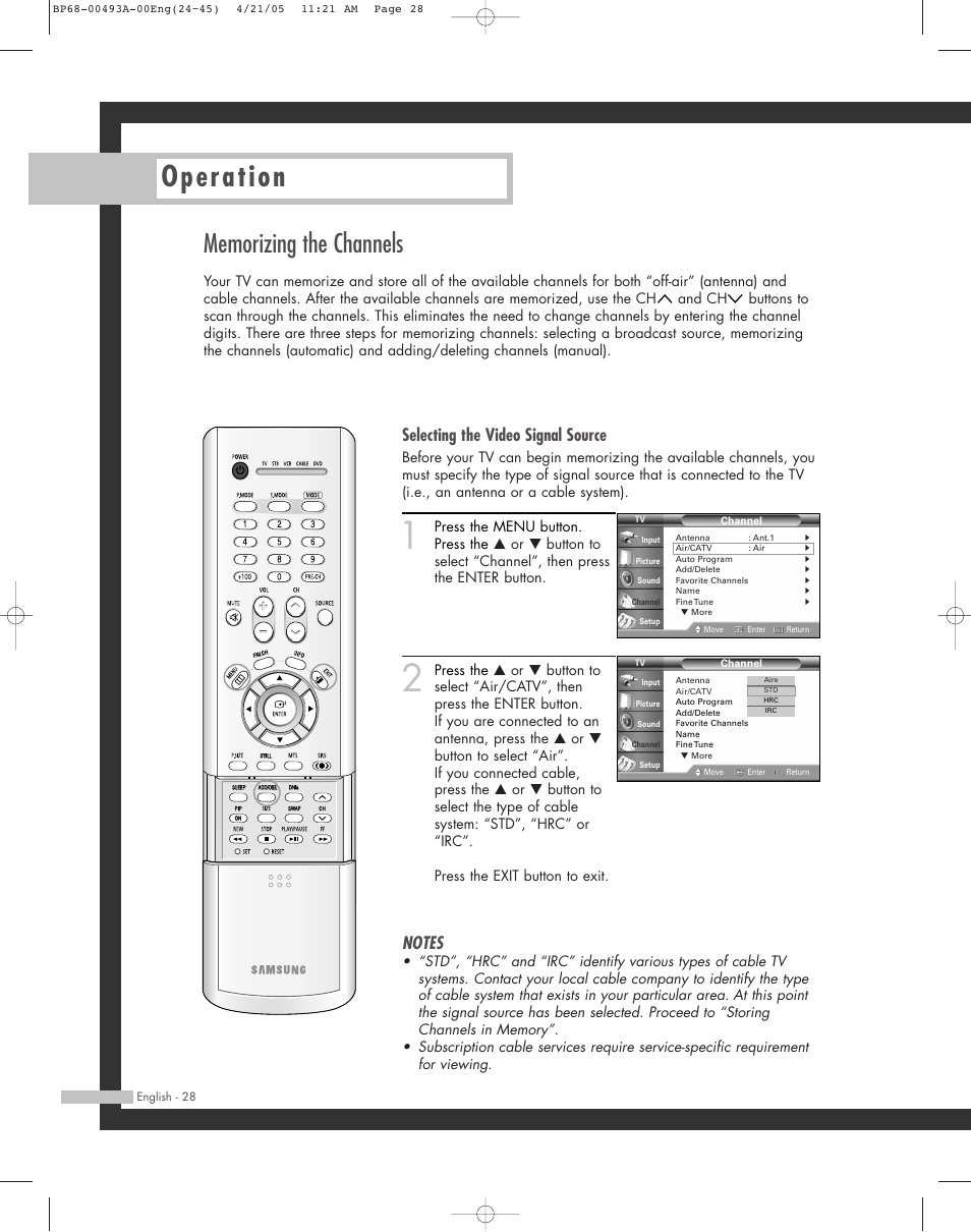 Memorizing the channels, Operation, Selecting the video signal source | Samsung HL-R6164W User Manual | Page 28 / 96