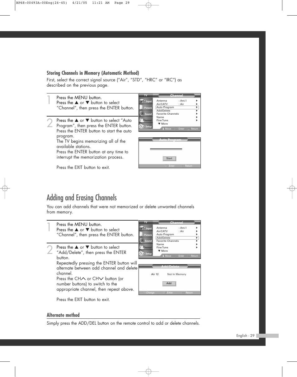 Adding and erasing channels, Alternate method | Samsung HL-R6164W User Manual | Page 29 / 96